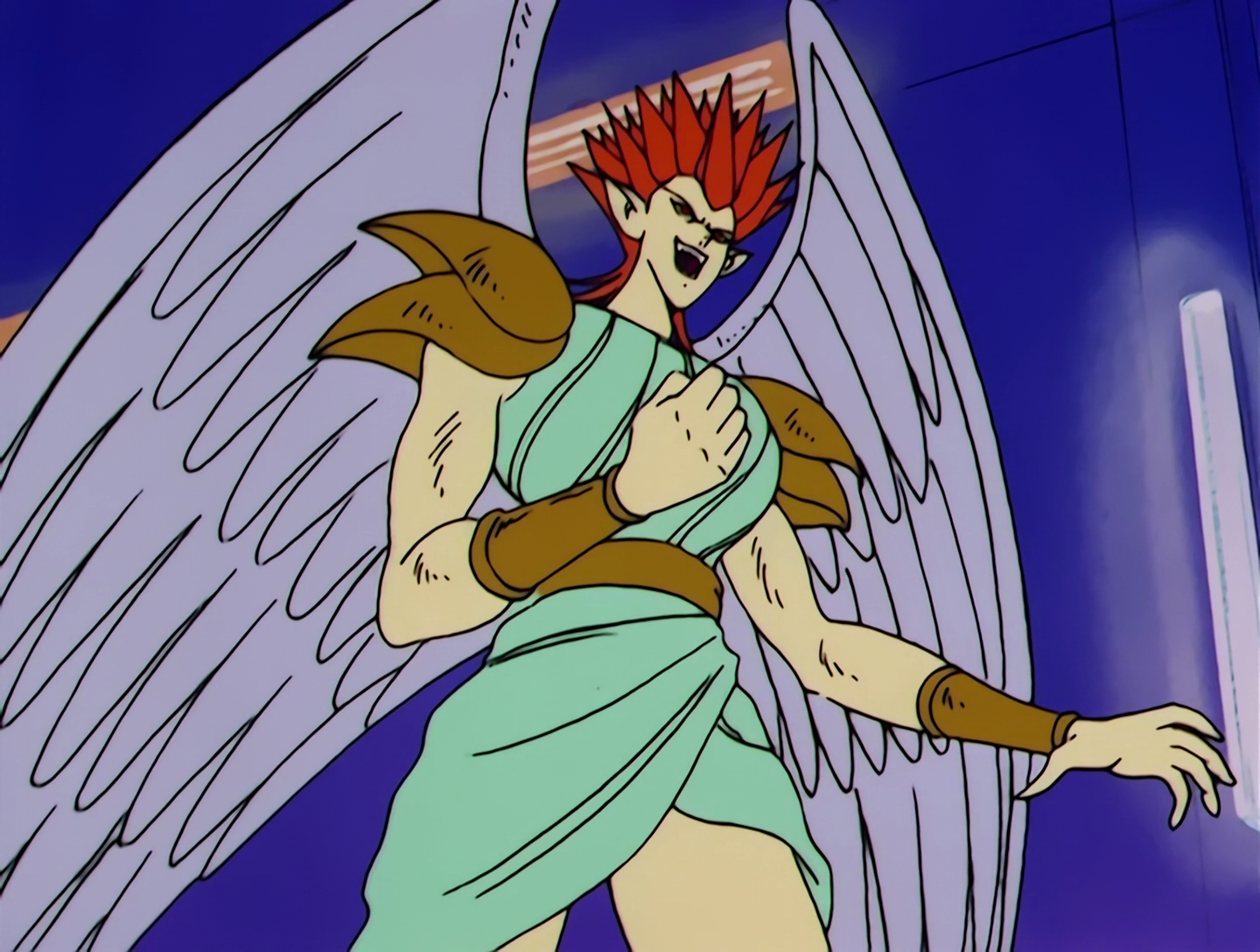 Gigaros, a Cardian from Sailor Moon episode 52. She’s muscular, with pale yellow skin and hair consisting of orange spikes. She has a giant pair of bird-like wings, and wears a garment resembling a short Ancient Greek chiton secured with a belt. She also gold spaulders on her shoulders and vambraces on her forearms. Why yes, I did end up looking up a lot of old timey clothing terminology for this description, and I’m only 50-60% sure I’m using any of it correctly.
